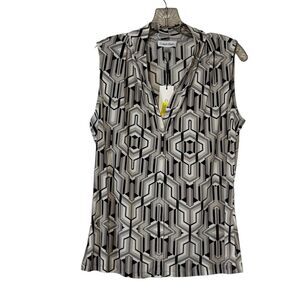Calvin Klein Black Gray White V Neck Geometric Sleeveless Blouse NWT